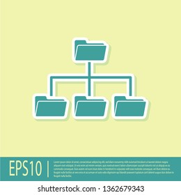 Green Folder tree icon isolated on yellow background. Computer network file folder organization structure flowchart. Vector Illustration
