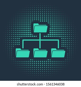 Green Folder tree icon isolated on blue background. Computer network file folder organization structure flowchart. Abstract circle random dots. Vector Illustration