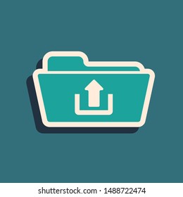 Green Folder upload icon isolated on blue background. Long shadow style. Vector Illustration