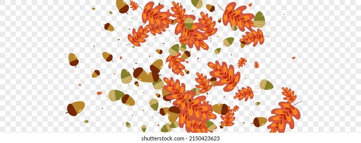 Green Foliage Background Transparent Vector. Acorn Pattern Design. Orange Leaves. Outline Texture. Brown Leaf Autumn.