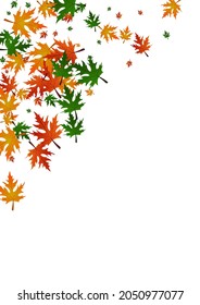 Green Foliage Background White Vector. Maple Beautiful Template. Ocher Tree. Wallpaper Frame. Orange Leaves Fall.