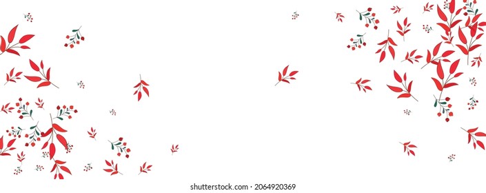 Green Foliage Background White Vector. Leaves Image Template. Burgundy Berries. Red Rowan Decoration. Plant Design.