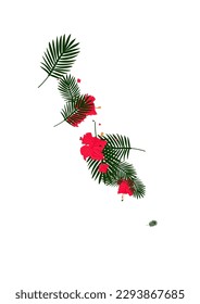 Green Foliage Background White Vector. Leaf Realistic Design. Red Plant. Nature Illustration. Pink Holiday Texture.