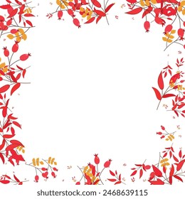 Green Foliage Background White Vector. Herb Isolated Texture. Pink Berries Modern. Cartoon Template. Leaf Decorative.