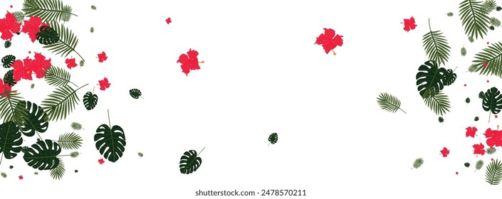 Green Foliage Background White Vector. Flora Vacation Design. Yellow Leaves. Holiday Backdrop. Pink Hawaiian Illustration.