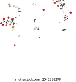 Green Foliage Background White Vector. Berries School Frame. Pink Herb Drawn. November Texture. Rowan Seamless.