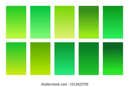 Green foliage color palette gradient background set. Trendy cover for banner, poster, flyer, brochure and presentation. Bright screen design for mobile apps. Vector illustration 