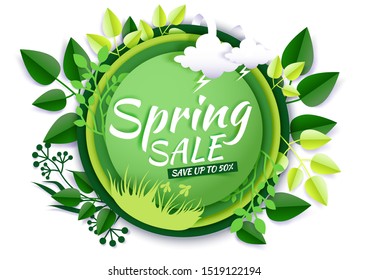 Green foliage decorative frame Spring sale creative hand lettering typography, vector illustration in paper art craft style. Seasonal spring sale promotion banner, poster template.