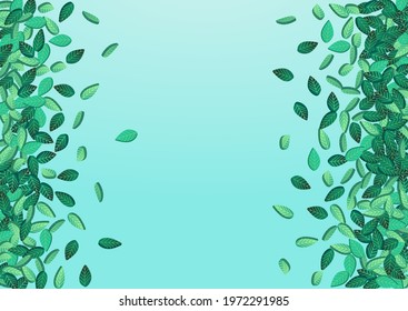 Green Foliage Ecology Vector Blue Background Backdrop. Herbal Leaves Wallpaper. Grassy Leaf Fly Background. Greens Realistic Plant.