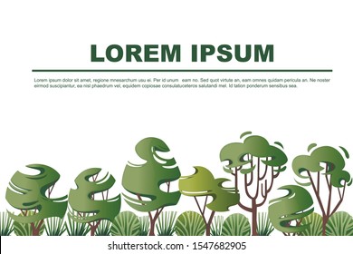Green foliage forest modern design horizontal advertising flyer with trees and bushes flat vector illustration on white background