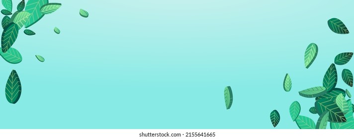 Green Foliage Fresh Vector Panoramic Blue Background Wallpaper. Transparent Leaf Concept. Forest Leaves Fly Backdrop. Greens Ecology Border.