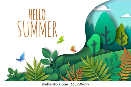 Green foliage, Hello Summer inspirational seasonal quote hand lettering typography, vector illustration in paper art craft style. Beautiful floral summer composition for poster, banner, website page.