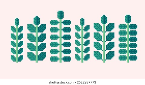 Green foliage, leaves pixel art set. Tree petals collection. Plant branches 8 bit sprite. Game development, mobile app. Isolated vector illustration.