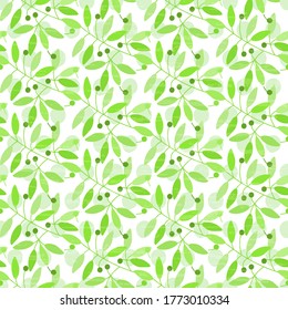 Green foliage mixed with peas on a white background. Vector beautiful illustrations. Seamless textured handmade design.