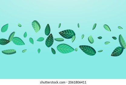 Green Foliage Motion Vector Blue Background Plant. Wind Leaf Poster. Swamp Greens Tree Banner. Leaves Organic Pattern.