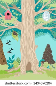 The green foliage of oak, birdhouse and bird nests. Ants, grass and plants grow in the roots of a tree. Fantastic children's illustration, who lives where. Vector flat cartoon illustration