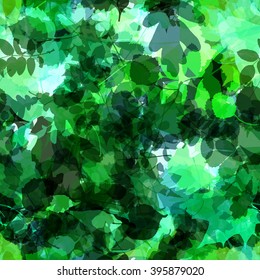 Green foliage. oak leaves, aspen leaves, leaves of trees and bushes in the sky. Abstract vector seamless pattern. Easy editable. The effect of blur and watercolors. Leaves mixed randomly