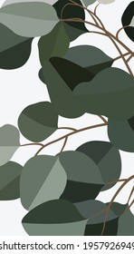 Green foliage on a light background. Vector flat illustration in light colors. Modern drawing in soothing colors. Design for cards, posters, backgrounds, textiles, templates.