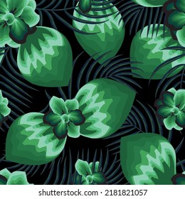 green foliage seamless pattern with vintage tropical floral and palm leaves on dark background. Floral background. nature wallpaper. tropical background. print texture. flowers vector design. summer