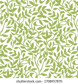 Green foliage silhouettes seamless pattern. Hand drawn branches with leaves for repeatable decorative ornament. Vector illustration.