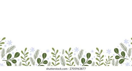 Folhagem verde e flocos de neve criam um fundo festivo de inverno com elementos de visco e pinho