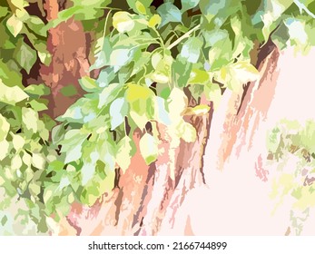 Green foliage and tree trunk for backgrounds or textures. Young poplar shoots against the background of an old tree trunk in daylight for fabrics, interior solutions, etc. Light green and brown tones