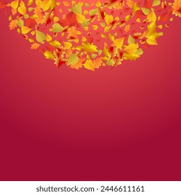 Green Foliage Vector Red Background. Forest Leaf Texture. Brown Canadian Floral Illustration. Season Template.