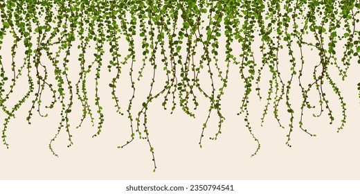 Green foliage wall vector illustration, climbing plant leaves seamless horizontal pattern