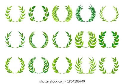 Cresta verde de trofeo foliado, conjunto de iconos de emblema de la ronda ganadora. Ramas de laurel circulares o premio de rama de olivo. Coronas de hojas de cosecha vintage. Ideal para tarjetas, logotipos, aplicaciones de juegos. Ilustración vectorial aislada