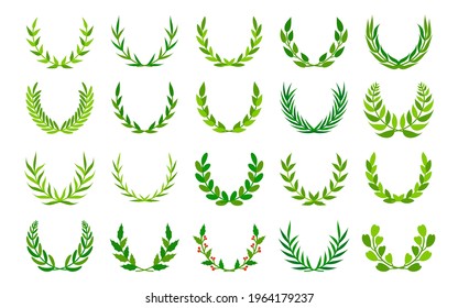 Juego de iconos de coronas verdes del follaje folclórico. Marcos de adornos florales dibujados a mano para su diseño. Ideal para tarjetas de felicitación, afiches, logos, aplicaciones de juegos. Laurel o la rama de olivo. Ilustración del vector