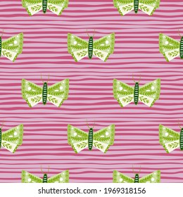 Green folk butterfly seamless pattern in hand drawn style. Pink striped background. Decorative backdrop. Perfect for fabric design, textile print, wrapping, cover. Vector illustration.