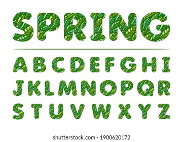 Green font made from fresh leaves. Spring word on white background. English alphabet. The theme of nature, ecology, organics. Vector illustration.