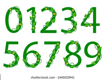 Green font numbers from 0 to 9 with leaves and flowers. Nature style. Vector illustration