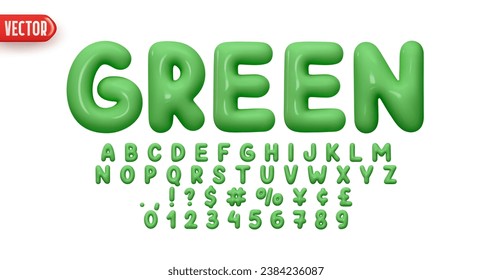 Green Font realistic 3d design. Complete alphabet and numbers from 0 to 9. Collection Glossy letters in cartoon style. Fonts voluminous inflated from balloon. Vector illustration