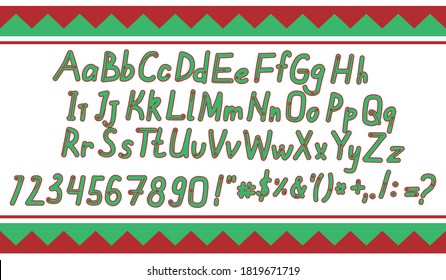 Green font with upper and lower case letters, numbers and symbols isolated on white background for design. Cute comic font with latin letters or english abs with red outline