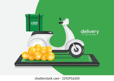 Bolsa o caja de comida verde se coloca en una motocicleta blanca o en una moto y globos amarillos en un smartphone con pantalla verde, vector 3d aislado para entrega y diseño de concepto de compras en línea