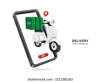 Green food bag or box is placed on a white motorcycle or scooter and all object display on smartphone,vector 3d isolated  on white background for transport,delivery and online shopping concept design