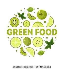 Green Food Banner Template with Fresh Fruits and Vegetables of Round Shape Vector Illustration