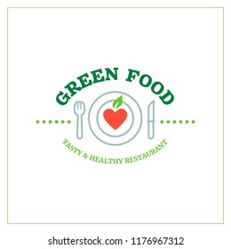 Green Food cafe restaurant logo emblem symbol,tasty healthy good food concept.Strawberry heart icon,Vegan organic natural fresh nutrition,meal and snacks conception on white background