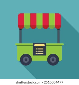 Carrinho de comida verde com toldo estendido exibindo um menu na lateral, pronto para atender os clientes
