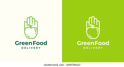 Green Food Delivery Abstract Vector Sign, Symbol or Logo Template. Apple in a Hand or a Palm Emblem Concept with Modern Typography. Isolated and On a Green Background.