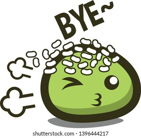 Green food dumpling character with coconut sprinkles saying good bye and winking