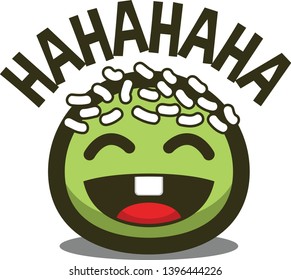 Green food dumpling character with coconut sprinkles laughing happily