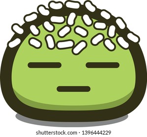 Green food dumpling character with coconut sprinkles showing flat face expression