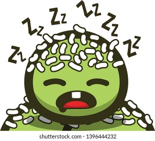 Green food dumpling character with coconut sprinkles sleeping on top of another foods