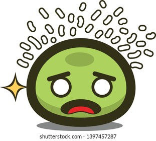 Green food dumpling character with coconut sprinkles feeling surprised