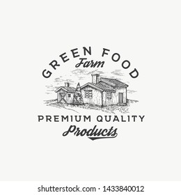 Green Food Farm. Abstract Vector Sign, Symbol or Logo Template. Farm Landscape Drawing Sketch with Retro Typography. Rural Buildings Vintage Emblem. Isolated.