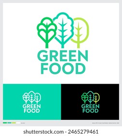 Green Food icon. Three different leaves of salad with letters.