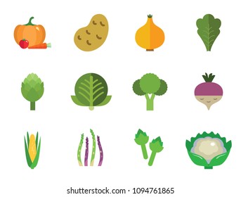 Green food icons set with broccoli, cauliflower and corn cob. Thirteen vector icons