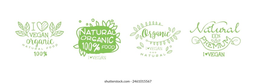 Green Food Label und Natural Organic Produkt Badge Vektorgrafik Set